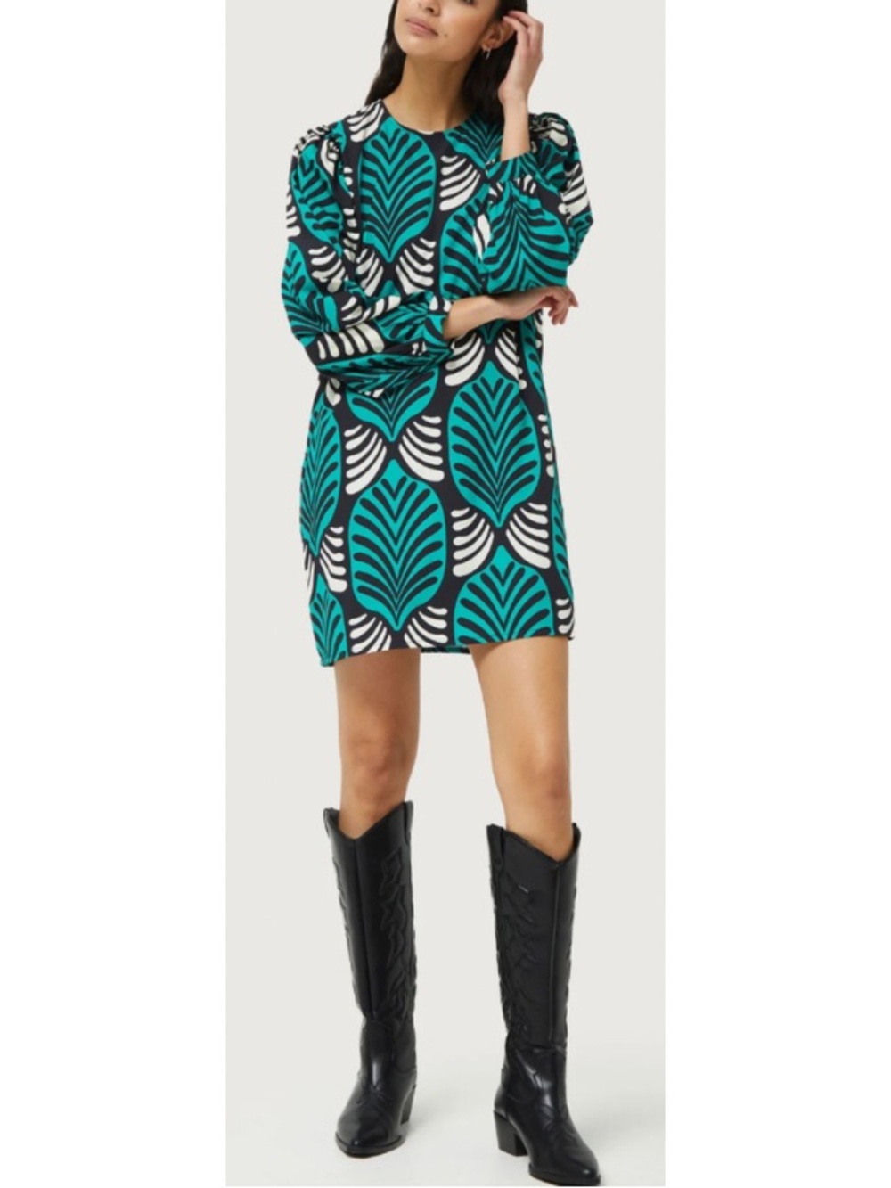 Women’s Compañía Fantástica Green Leaf Patterned 3/4 Sleeve Mini Shift Dress